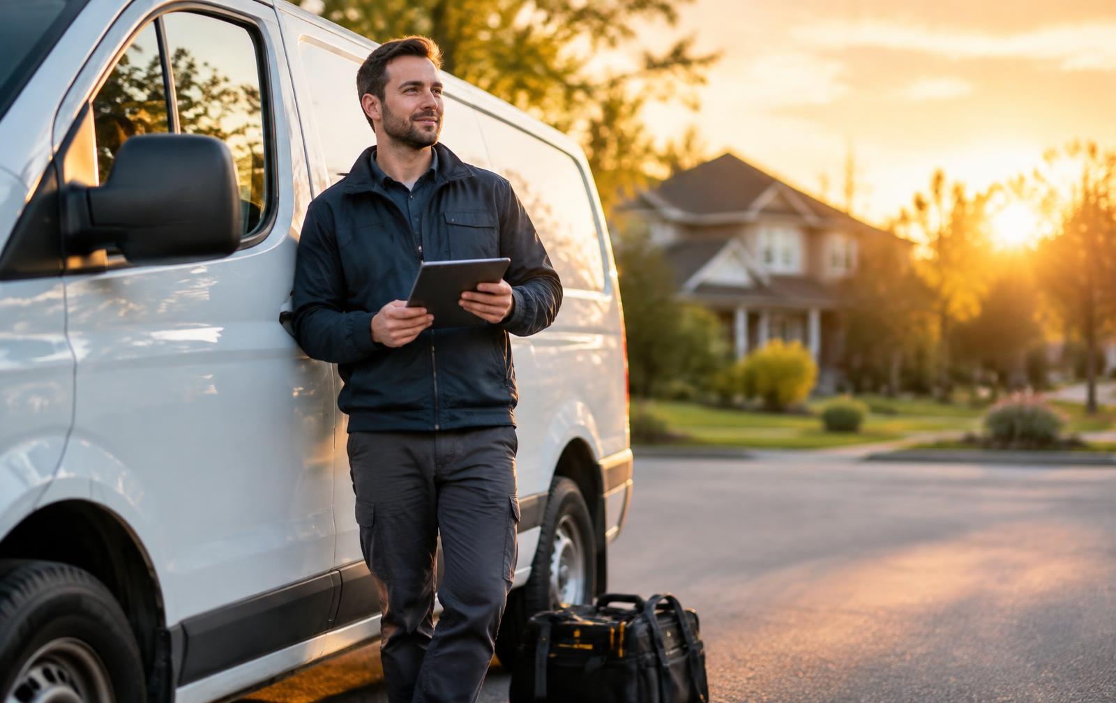 Local service professional with a tablet beside a work van in a residential neighborhood